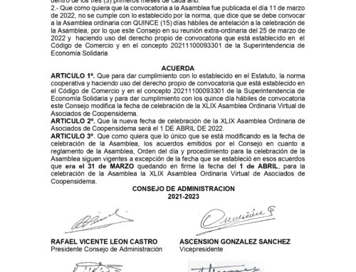 Acuerdo N°10 de 2022 – NUEVA FECHA DE ASAMBLEA XLIX ORDINARIA VIRTUAL